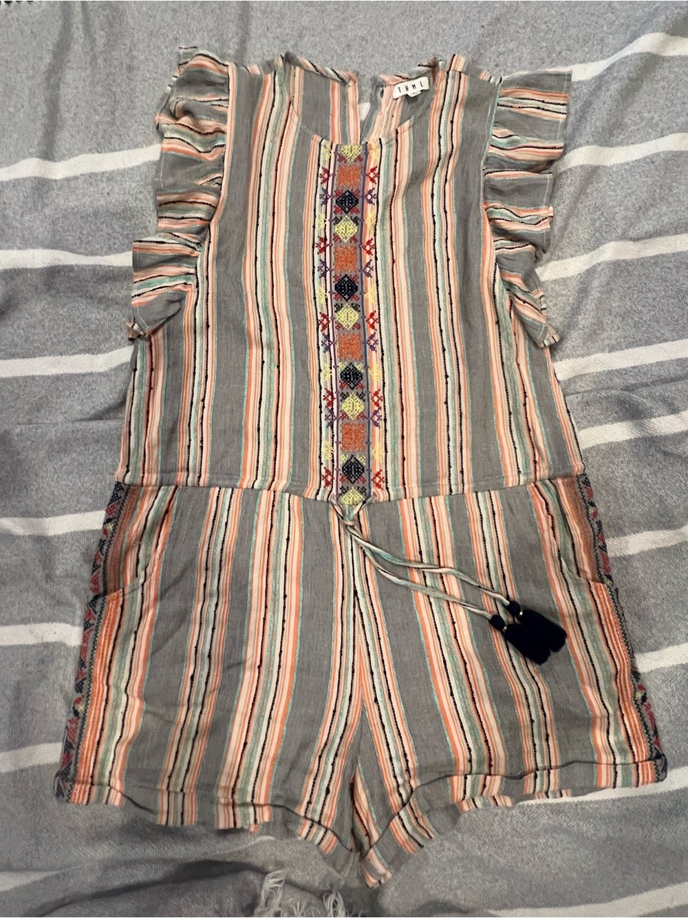 THML MED Striped Embroidered Flutter-Sleeve Romper in Peach & Gray